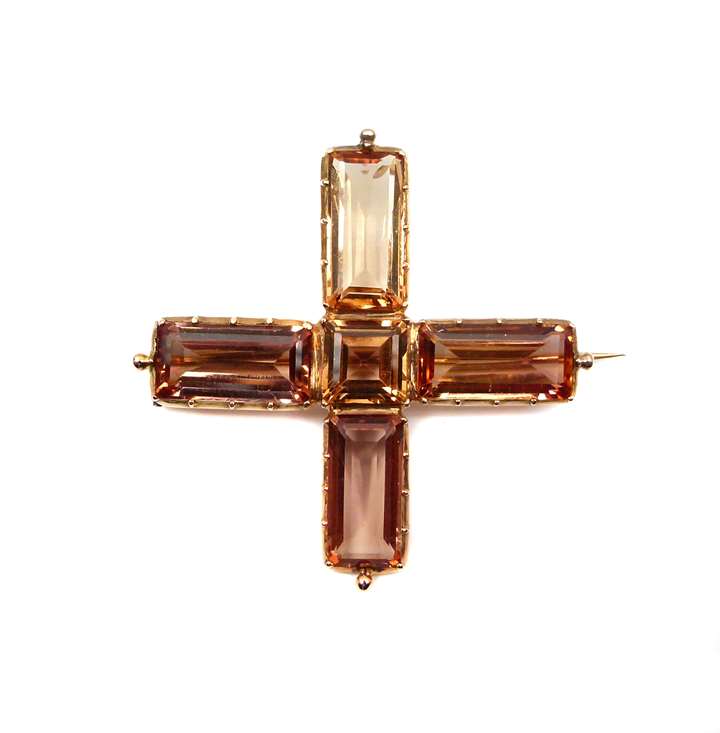 Antique golden-orange topaz cross pendant brooch